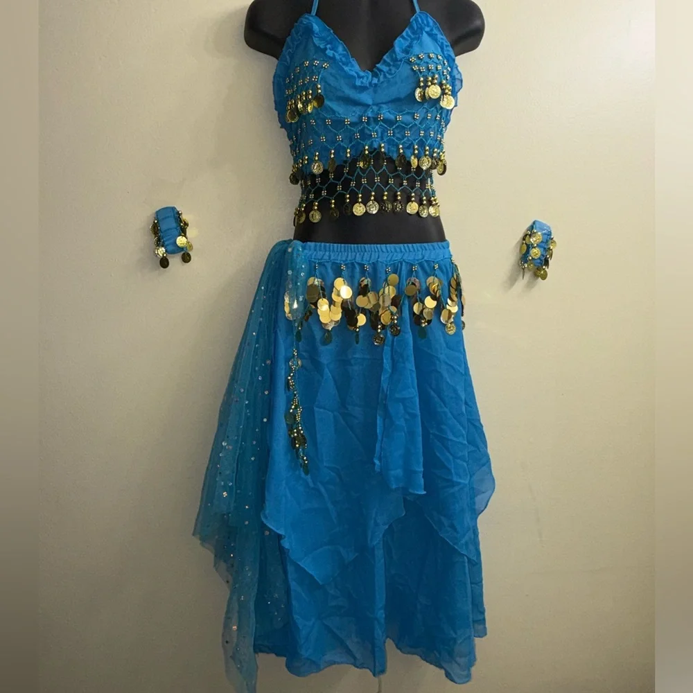 Girls Belly‎ Dance Costume Youth 10-12 Turquoise Coin Bra Skirt Set Cabaret